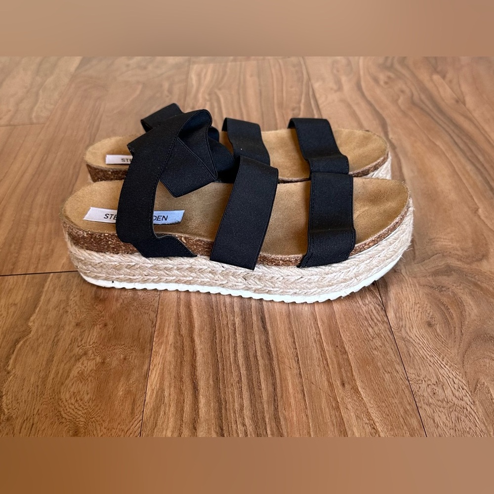 Steve Madden black strap wedge sandals, size 7.